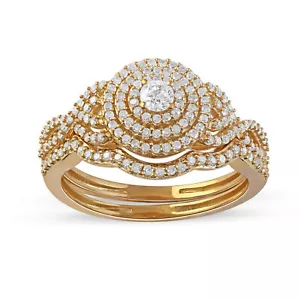 Juego de anillos de compromiso triple halo de diamantes de oro amarillo de 10 K de 1/2 quilates - Imagen 1 de 12