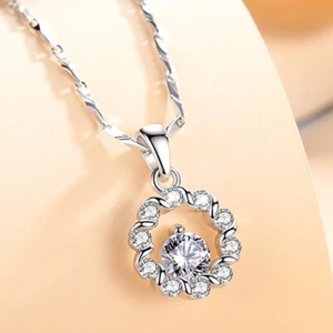 Crystal Flower 925 Sterling Silver Circle Necklace Women Girls Jewellery Gift UK - Picture 1 of 12