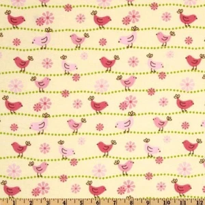 16 Inches Birdie Flannel Nursery - Pink Baby Birds Yellow Cotton Flannel Fabric - Picture 1 of 1