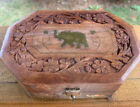 Vintage Handcrafted Wood & Metal Jewelry Box Elephant Decor Lined Hinged Lid