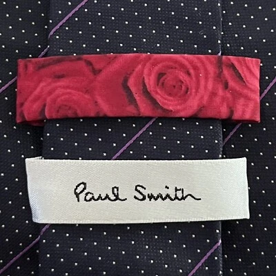 £100 PAUL SMITH MENS NAVY PINDOT & PINK STRIPE  DESIGN WOVEN SILK UK MADE TIE Y3 - Image 1 of 4