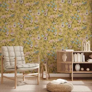 Papel pintado floral Eleanor decoración fina flores pájaros hojas ocre botánico FD43446 - Imagen 1 de 2