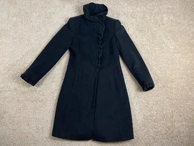 DKNY Overcoat Mens Size 4 Wool Cashmere Lined Ruffle Collar Pockets Solid Black - Image 1 of 4