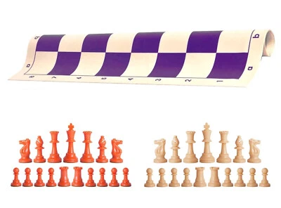 Orange & Natural Chess Pieces 20" Purple Vinyl Board - Triple Weight Chess Set - Image 1 of 4