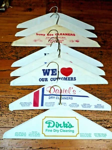 Lot VINTAGE 8 Metal WIRE Hangers PAPER Covers Dry Cleaning ADVERTISING - Picture 1 of 3
