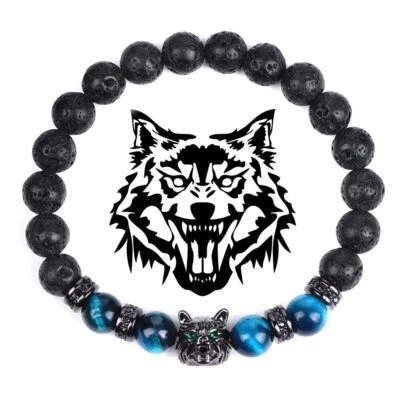 Berloque de lobo pulseiras azuis para homens natural preto lava olho de tigre pulseiras de pedra - Imagem 1 de 4