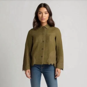 Anthropologie Green Military Cotton Button Up Shacket Twill Lace Utility Small - Picture 1 of 12