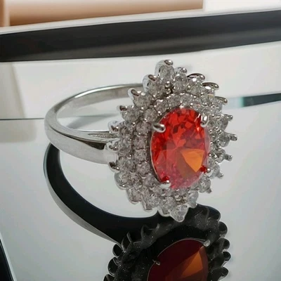 1 Stück Damenring  18mm, Silberfarben/Rot/Orange ???  Trapez Style  Modeschmuck - Bild 1 von 2