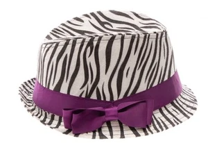 Childrens Place 1989 White Brown Zebra Girls Fedora Hat Size 2-4y Purple Ribbon - Picture 1 of 8