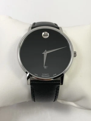 Movado Museum 经典自动表黑色表盘皮革表带男士腕表 0607473 — 第 1/4 张图片