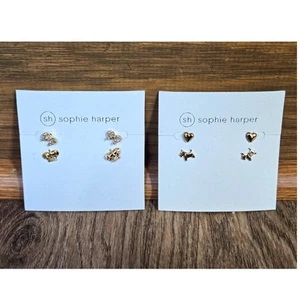 New Sophie Harper 4 Pair Pierced Stud Earrings Dog Bow Crown Heart Goldtone  - Picture 1 of 6