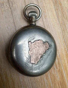 Vintage 18s, Railroad Pocket watch Case Nickel Silver with GOLD TRAIN On Back . - Picture 1 of 8
