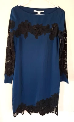 DIANE VON FURSTENBERG "ERNESTINA" DEEP TEAL SILK DRESS BLACK LACE TRIM. SIZE 6/8 - image 1 of 4