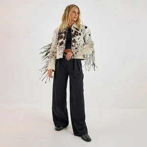 Damen Rindsleder Fransen Jacke Echthaar auf Leder Western Rodeo Mode Mantel - Bild 1 von 5