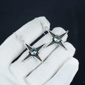 925 Sterling Silver Aquamarine Gemstone Handmade Jewelry Earring Size-1.5" - Picture 1 of 5