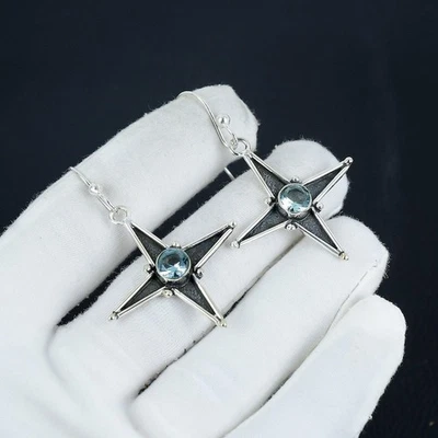 925 Sterling Silver Aquamarine Gemstone Handmade Jewelry Earring Size-1.5" - Image 1 of 4