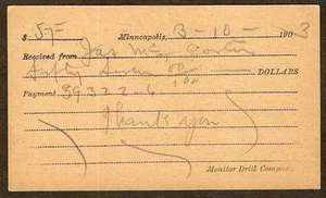 Vintage 1903 MONITOR DRILL CO. Minneapolis MN Payment Receipt Business Postcard - Picture 1 of 2