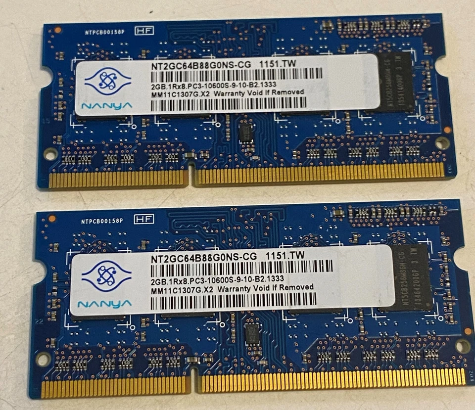 Nanya NT2GC64B88B0NS-CG 4GB (2x2GB) PC3-10600 DDR3 1333 SO-DIMM Laptop RAM - Image 1 of 1