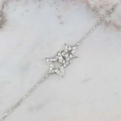 Brazalete fino para mujer brillante corte redondo blanco simulado zafiros dos estrellas Foto 1 de 4