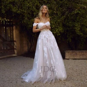 Boho Floral Encaje Vestido de Novia Vestido de Novia Hombro Descubierto Rosa 32-60 Champagne - Imagen 1 de 7