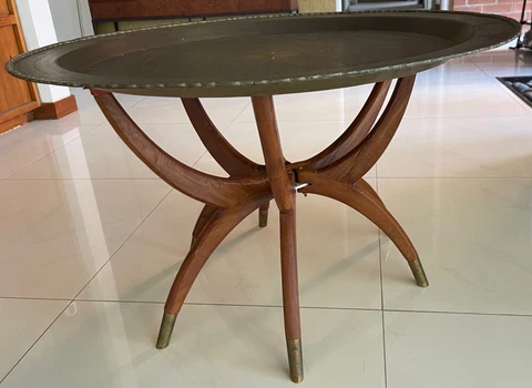 Vintage Etched Brass Tray Wood Spider Leg Table Mid Century Modern Moroccan Cover