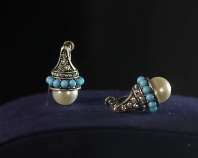Ohrringe Clip Auf Nicht Durchbohrt Silber Antik Perle Weiß Türkis ET9 - Bild 1 von 4