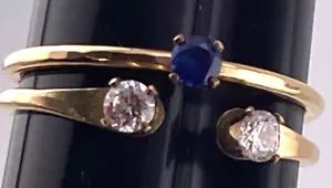 Gold Unmarked Size 8 Rings Lot of 2 Pronged Blue & Clear Diamonique 004-245 - Picture 1 of 19