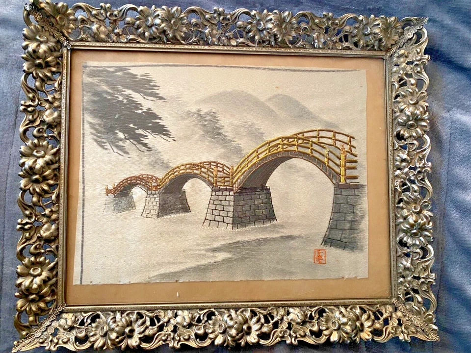 Puente bordado seda japonés vintage sobre el agua 9x12 en marco excelente estado. Foto 1 de 4