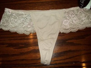 NWT LE MYSTERE ELYSEE w 2 TONE LACE TANGA THONG PANTIES ALMOND/PINK 337 M - Picture 1 of 2