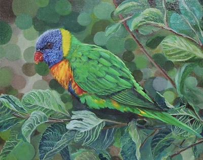 ORIGINAL Loriini Bird Parrot Painting Acrylic Varnished Canvas Panel 8"x10" Art - Image 1 of 4
