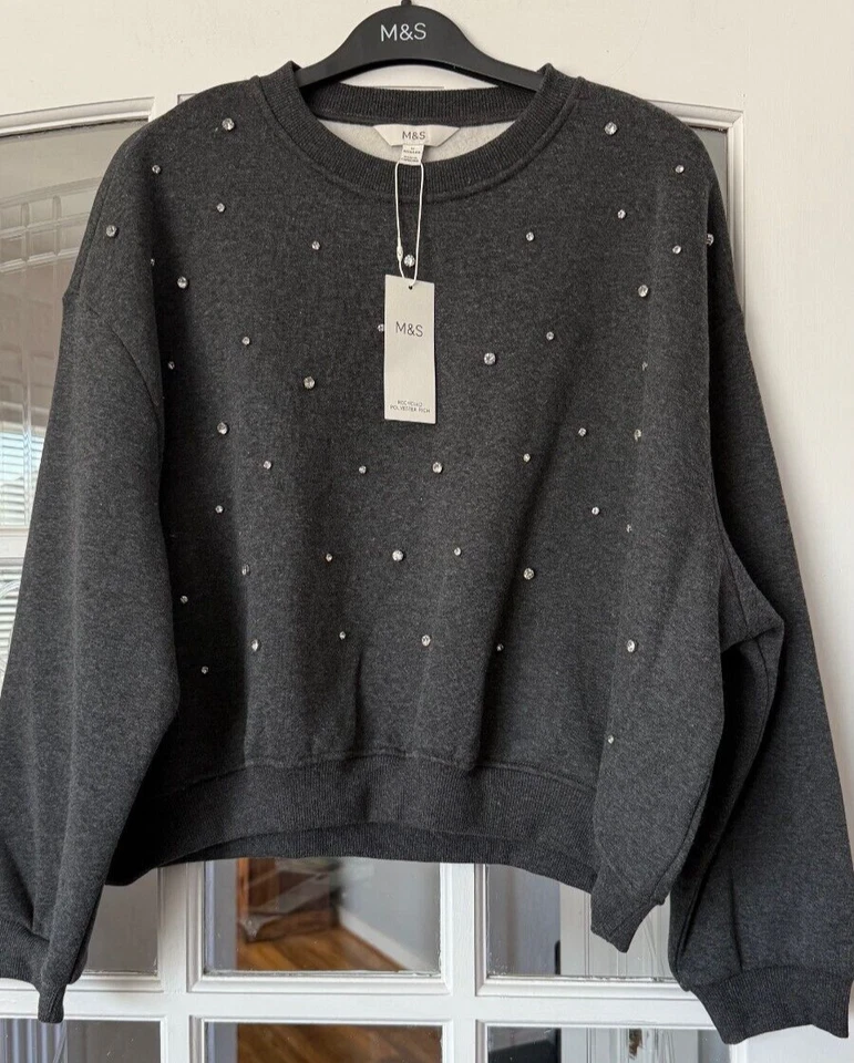 Lovely BNWT M&S grey cotton blend diamante embellished sweatshirt - M (12-14) - Image 1 of 3