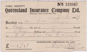 (RF14) 1949 QLD receipt QLD Ins company Ltd - Picture 1 of 1