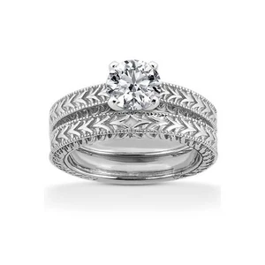 0.42ct F-SI1 Round Natural Certified Diamond 18k  Vintage Style Wedding Ring Set - Picture 1 of 3