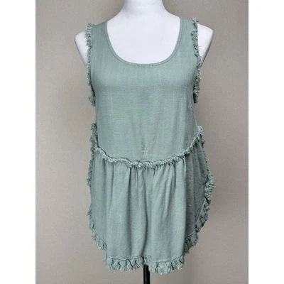 Umgee Linen Cotton Blend Sz S Boho Tank Top Green Raw Fringe Trim Beach Peasant - Image 1 of 4