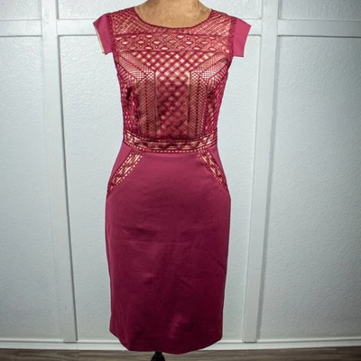Antonio Melani Burgundy Lace Panel Cocktail Pencil Dress Women’s 0 Sleeveless - Image 1 of 4