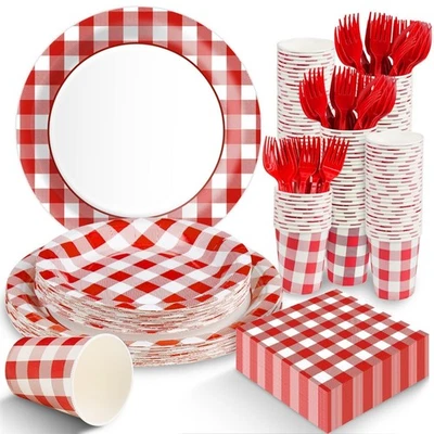 Red Gingham Plates and Napkins Party Supplies, Red and White Disposable Table... - Image 1 of 4