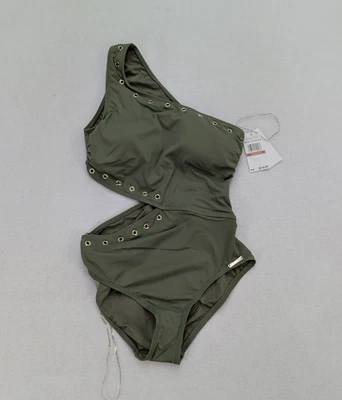 Maiô Feminino Michael Kors Tamanho 12 Verde Exército Uma Peça Um Ombro NOVO - Imagem 1 de 4