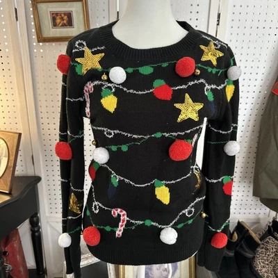 Suéter Negro Feo Navidad con Campanas, Bolas, Lentejuelas Estrellas Para Mujer S Foto 1 de 3