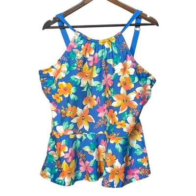 Isaac Mizrahi LIVE! 花卉游泳上衣 Tankini Peplum Plus 尺寸 20W 蓝色 — 第 1/4 张图片
