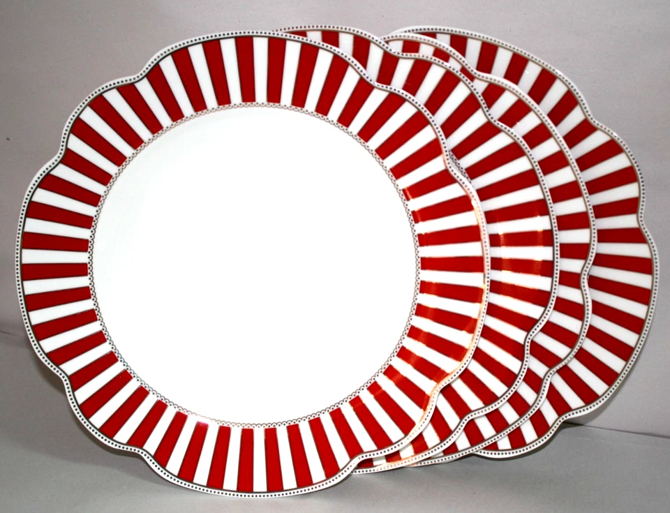 Juego de cuatro platos de cena Grace Teaware festoneados rojos y blancos de 11,25” nuevos Foto 1 de 3