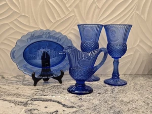 Vintage FOSTORIA Avon George Washington Cobalt Blue Glass Goblets Pitcher Plate - Picture 1 of 12