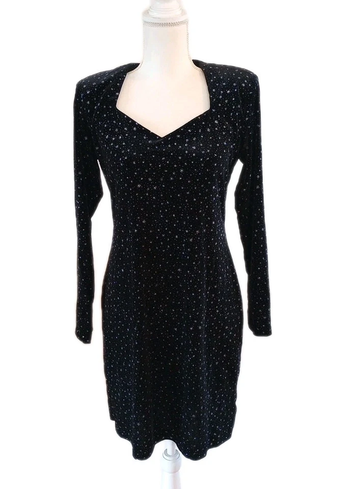 Vtg Velvet Mini Dress Medium 80s 90s Bling Glam Sparkle Long Sleeve Party  - Image 1 of 4