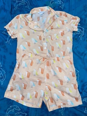 Company Store Cute Peach Coral Bright Birds Cotton Button Up Short Pajamas M - Image 1 of 4