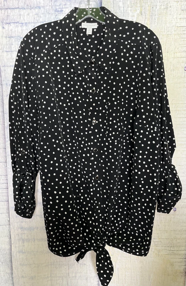 Charter Club Button Up Top Womens Plus Size 3X Black Polka Dot Roll Tab Sleeve - Image 1 of 4