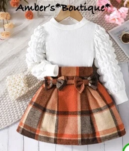 4 Y NEW *Boutique* Holiday Puffed Sleeve Top Plaid Skirt Fall Winter Outfit Set - Picture 1 of 5