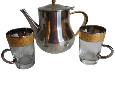CulinArt Stainless Steel Coffee Tea Pot Pitcher glass gold accent cups Cappucino - Image 1 of 4