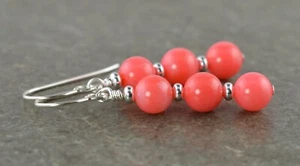 Bright Salmon Pink Coral Gemstone & Sterling Silver Drop Earrings with Gift Box - Picture 1 of 8