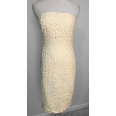 Vestido Merona Sin Tirantes Amarillo y Blanco Ojales, 100% Algodón, Totalmente Forrado, Talla 2 Foto 1 de 4