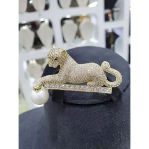 5.37 Ct Round Cut Simulated Diamond Panther Brooch Pin 14k Yellow Gold Plated - Picture 1 of 6