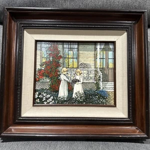H. Hargrove Original Painting of Girls In Flower Garden, COA, Farmhouse Wall Art - Picture 1 of 6